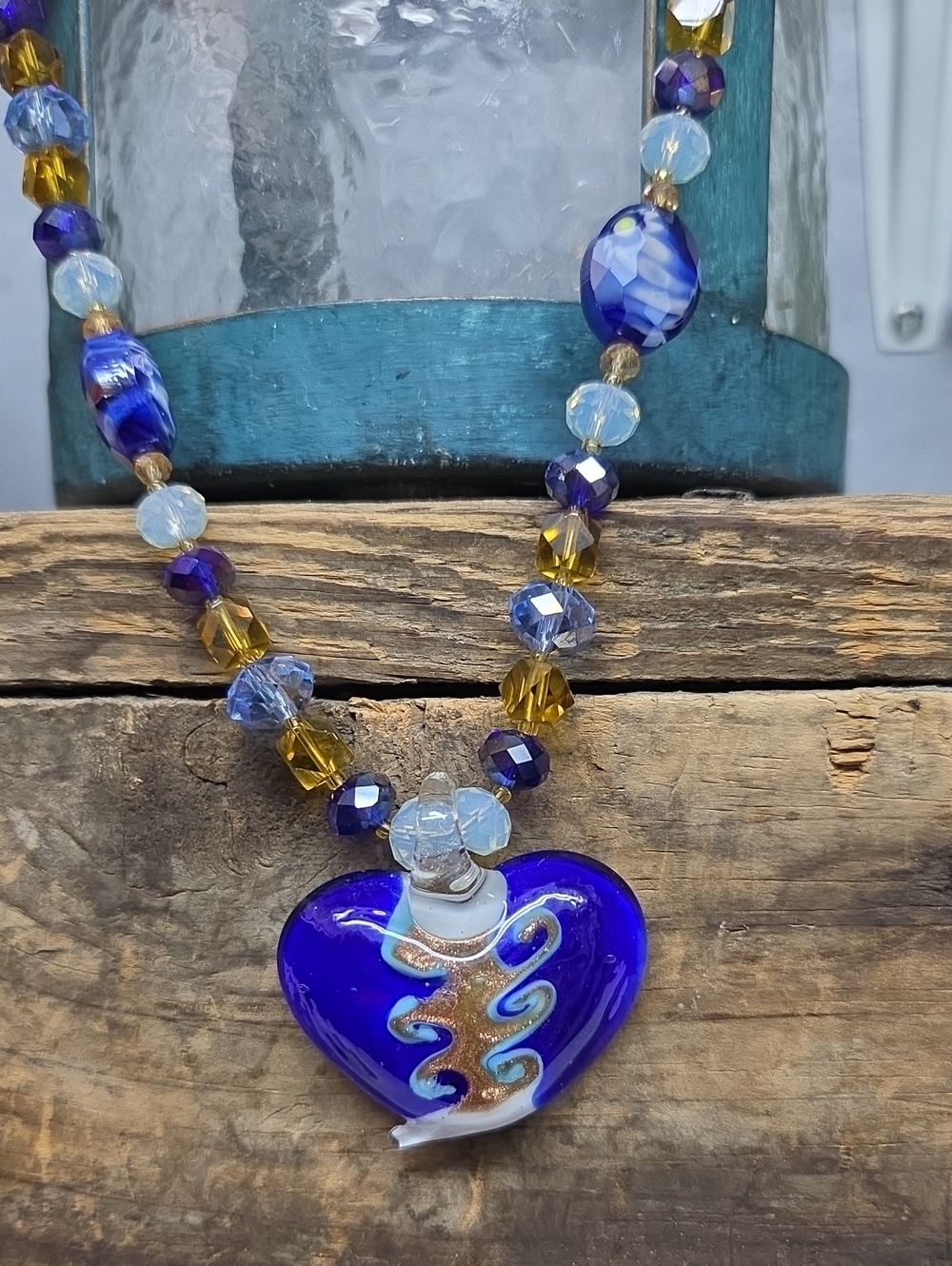 Handcrafted Cobalt Blue Glass Heart Pendant Beaded Necklace